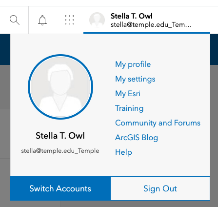 Image of ArcGIS Online user profile icon and menu