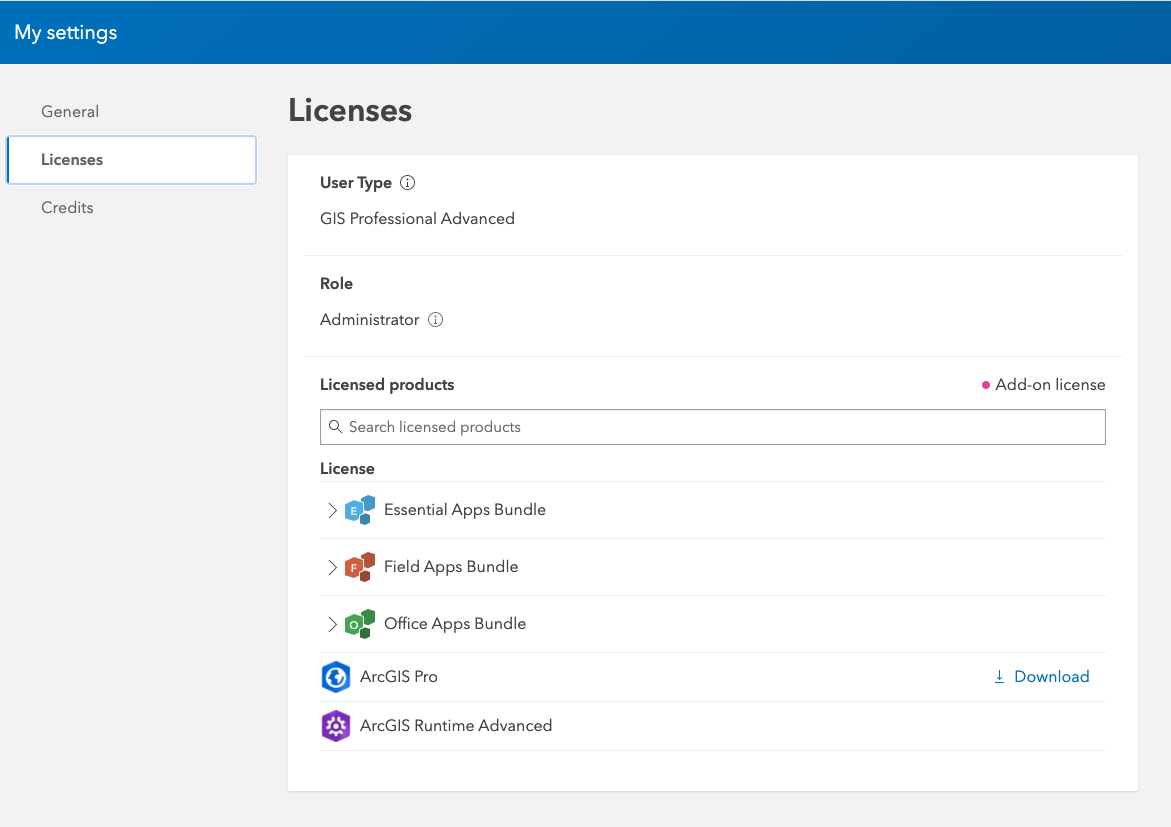 Image of ArcGIS Online license settings and download link